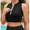 imagebeautyin Sleeveless Slim Fitted Crop Tops for Women Front Zip Up Ribbed Racerback SwimwearBlack