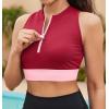 imagebeautyin Sleeveless Slim Fitted Crop Tops for Women Front Zip Up Ribbed Racerback SwimwearRed