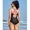 imagebeautyin Women Front Zip One Piece Swimsuit Athletic Racerback Lap Bathing SuitPurpleBlack