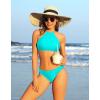 imagebeautyin Womens Floral Striped Halter High Neck Bikini Swimsuit Set Cross BackAqua