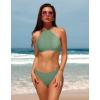 imagebeautyin Womens Floral Striped Halter High Neck Bikini Swimsuit Set Cross BackGreen
