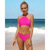 imagebeautyin Womens Floral Striped Halter High Neck Bikini Swimsuit Set Cross BackHot Pink