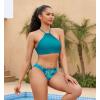 imagebeautyin Womens Floral Striped Halter High Neck Bikini Swimsuit Set Cross BackPeacock Blue