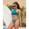 imagebeautyin Womens Floral Striped Halter High Neck Bikini Swimsuit Set Cross BackPeacock Blue