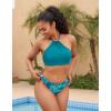 imagebeautyin Womens Floral Striped Halter High Neck Bikini Swimsuit Set Cross BackPeacock Blue