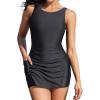 imagebeautyin Modest Swimsuits for Women Ruched Boyleg Swimwear Side Pocket Bathing SuitBlack
