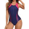 imagebeautyin Women Front Zip One Piece Swimsuit Athletic Racerback Lap Bathing SuitHot PinkNavy