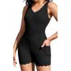 imagebeautyin Womens Athletic One Piece Swimsuit Ribbed Boyleg Side Pocket Bathing SuitBlack
