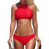 imagebeautyin Womens Floral Striped Halter High Neck Bikini Swimsuit Set Cross BackRed
