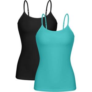 imagebeautyin Cotton Camisole Tops for Women Shelf Bra Adjustable Spaghetti Strap Tank Top Basic Cami UndershirtAquaBlack 2 Pack