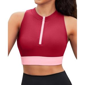 imagebeautyin Sleeveless Slim Fitted Crop Tops for Women Front Zip Up Ribbed Racerback SwimwearRed