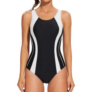 imagebeautyin Women Athletic One Piece Swimsuit Racerback Slimming Lap Bathing SuitBlackWhite