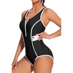 imagebeautyin Women Zipper One Piece Swimsuit Athletic Racerback Bathing Suit with PocketsBlack