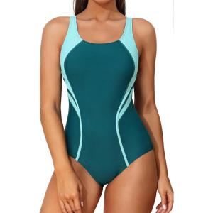 imagebeautyin Womens Athletic One Piece Swimsuits Tummy Control Bathing Suits Slimming Sports SwimwearGreenNavyAdjustable Strap