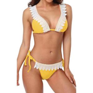 imagebeautyin Womens Crochet Lace Bikini Two Piece Triangle Swimsuit Bathing SuitsYellowNew