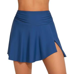 imagebeautyin Womens High Waisted Ruched Swim Skirt Split Tummy Control Tankini Swimsuit Bathing Suit Bottoms with PocketBlue