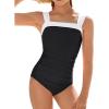 image:imagebeautyin Girls Swimsuit One Piece Bathing Suits Retro Square Neck Ruched Adjustable Strap Swimwear 716YBlack